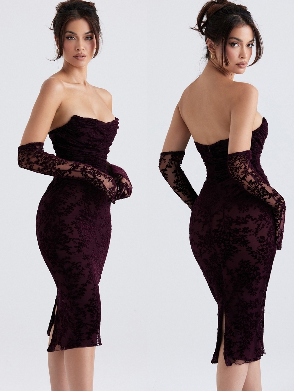 House Of CB Isadora Brown Cherry Devore Corset Dress